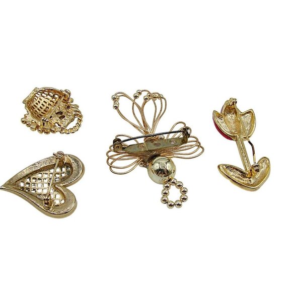 Lot 4 Vintage Brooches Angel Enamel Flower Rhinestone Basket and Heart Gold Tone - Picture 2 of 11